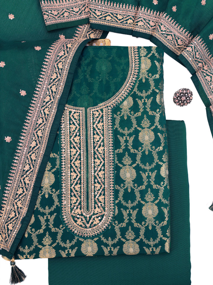 Green Chinon Embroidery Unstitched Salwar Suit