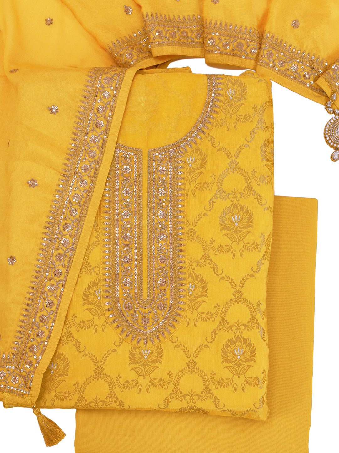 Yellow Chinon Embroidery Unstitched Salwar Suit