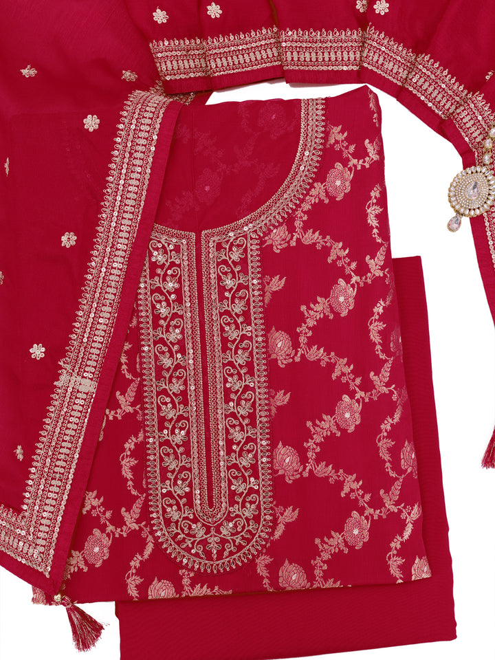 Red Chinon Embroidery Unstitched Salwar Suit