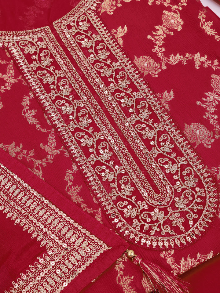 Red Chinon Embroidery Unstitched Salwar Suit