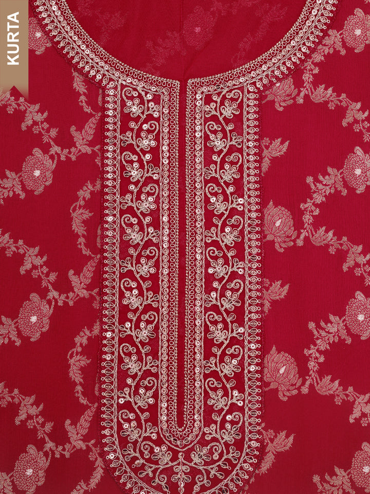 Red Chinon Embroidery Unstitched Salwar Suit