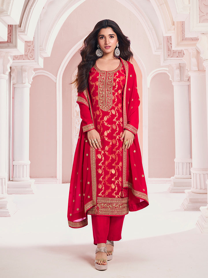 Red Chinon Embroidery Unstitched Salwar Suit