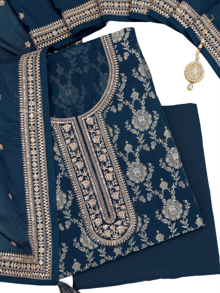 Navy Blue Chinon Embroidery Unstitched Salwar Suit