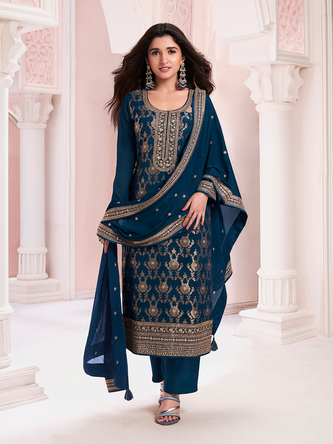 Navy Blue Chinon Embroidery Unstitched Salwar Suit