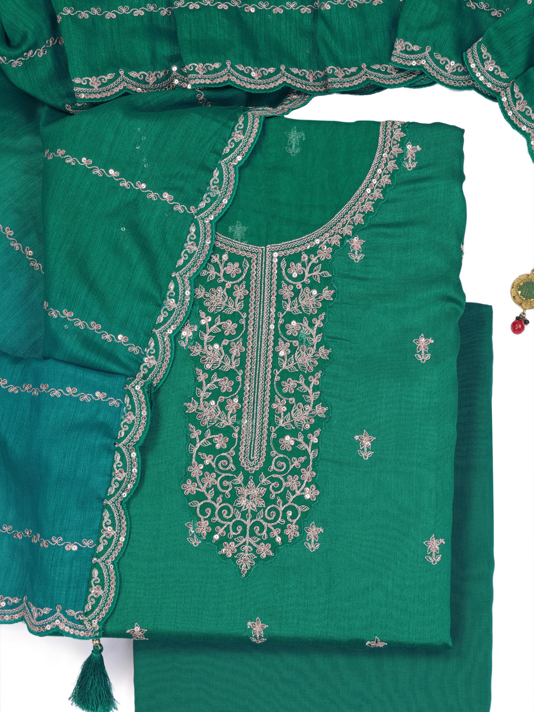 Green Silk Georgette Top with Embroidery and Sequins, Unstitched Salwar Suit