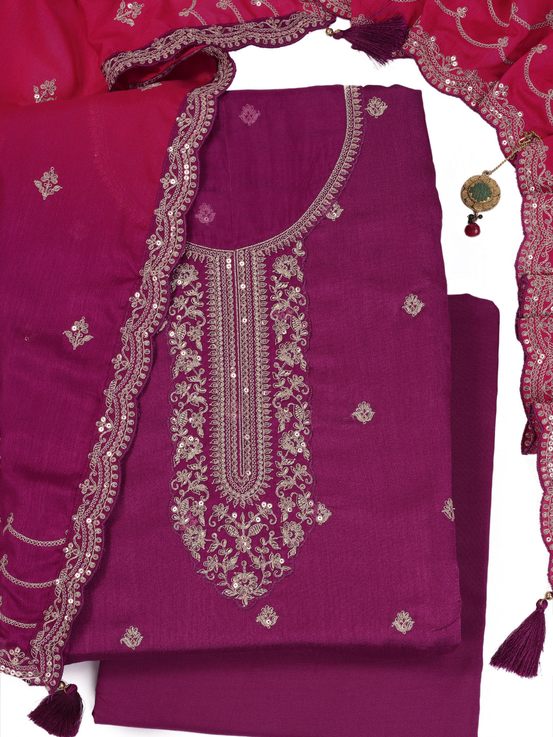 Purple Silk Georgette Top with Embroidery and Sequins, Unstitched Salwar Suit