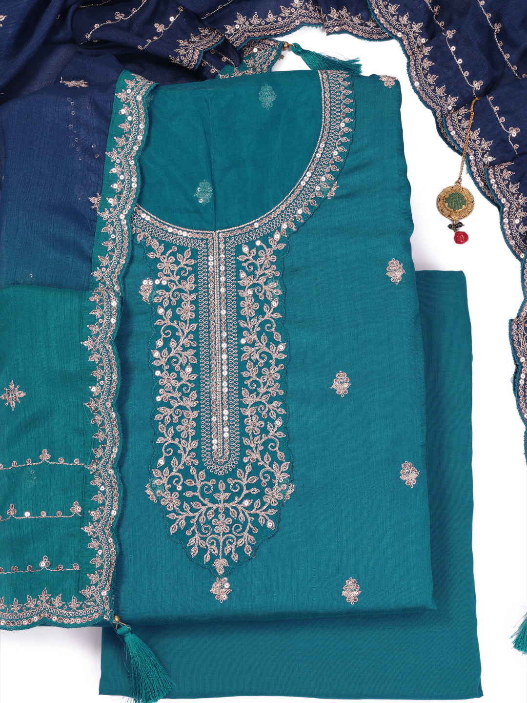 Teal Blue Silk Georgette Top with Embroidery and Sequins, Unstitched Salwar Suit