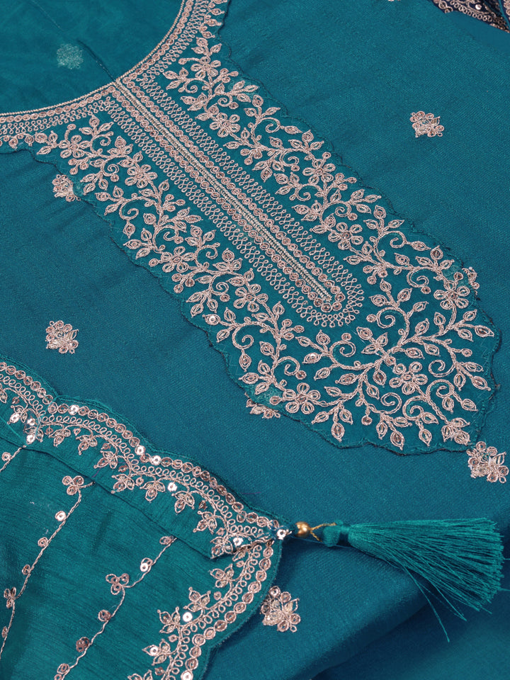 Teal Blue Silk Georgette Top with Embroidery and Sequins, Unstitched Salwar Suit