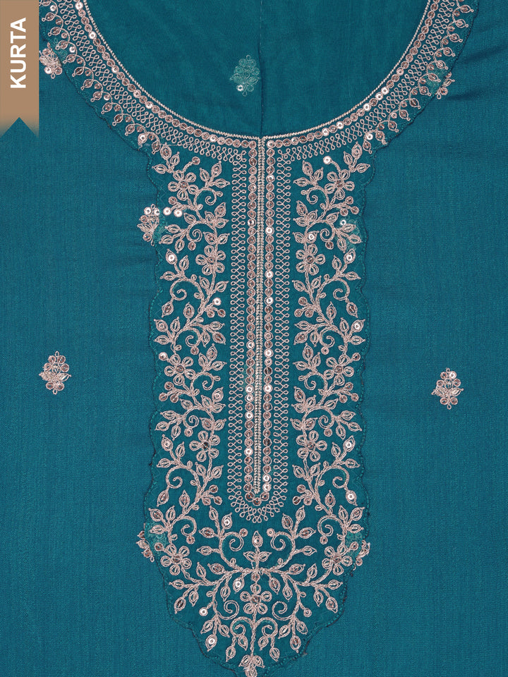 Teal Blue Silk Georgette Top with Embroidery and Sequins, Unstitched Salwar Suit