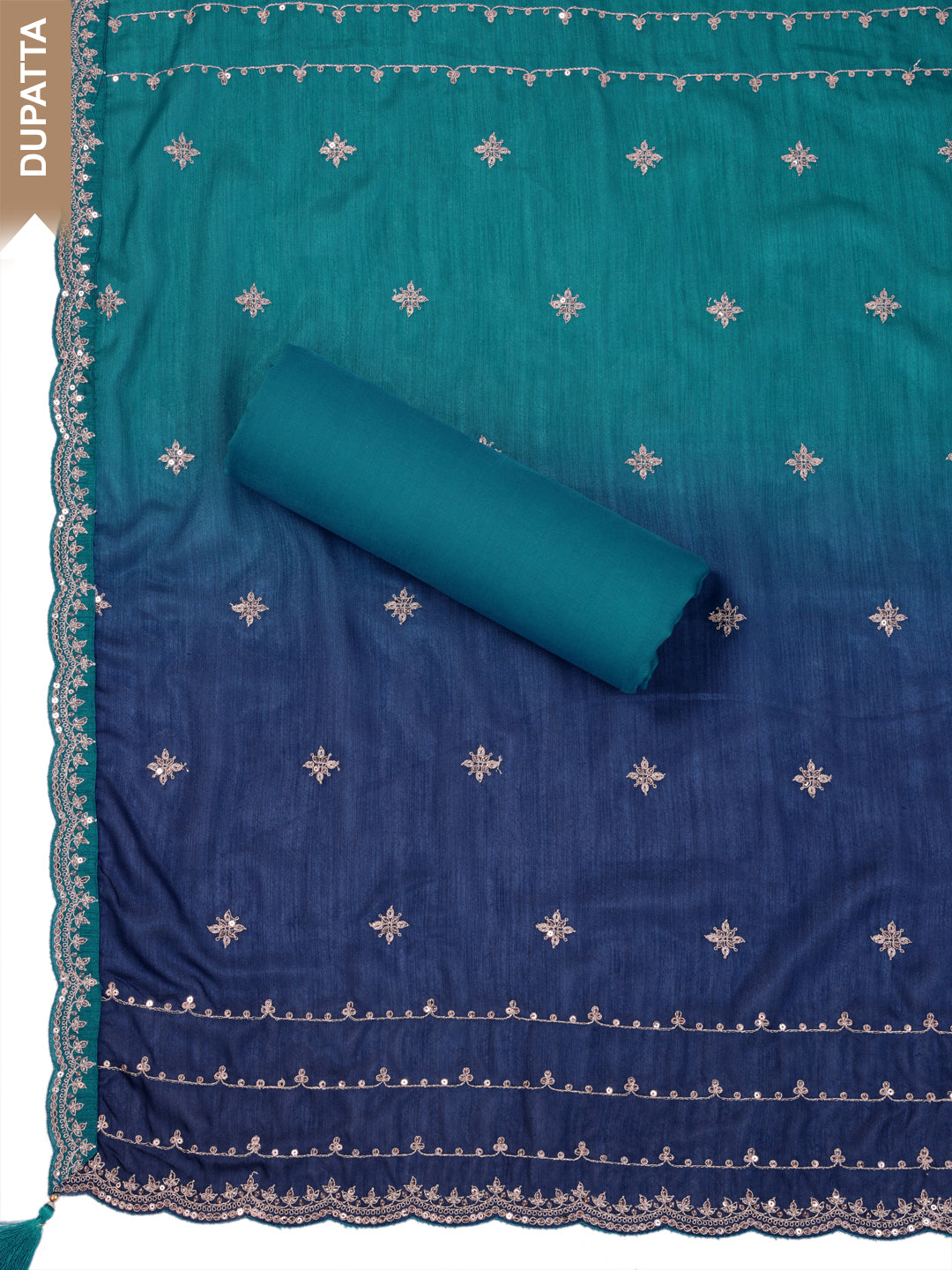 Teal Blue Silk Georgette Top with Embroidery and Sequins, Unstitched Salwar Suit