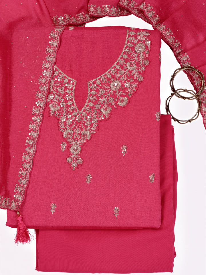 Pink Silk Georgette Top with Sequins Embroidery, Unstitched Salwar Suit.