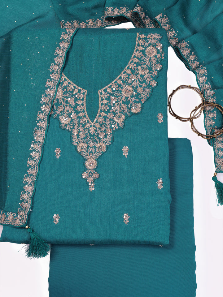 Teal Silk Georgette Top with Sequins Embroidery, Unstitched Salwar Suit.