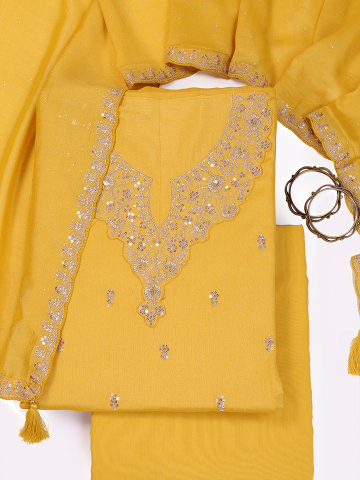 Yellow Silk Georgette Top with Sequins Embroidery, Unstitched Salwar Suit.