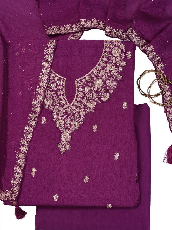 Purple Silk Georgette Top with Sequins Embroidery, Unstitched Salwar Suit.