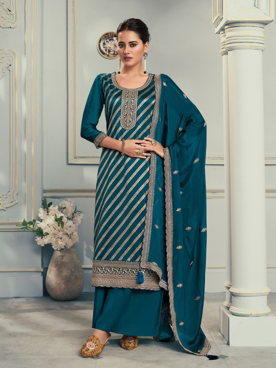 Blue Silk Jacquard Weave Unstitched Salwar Suit