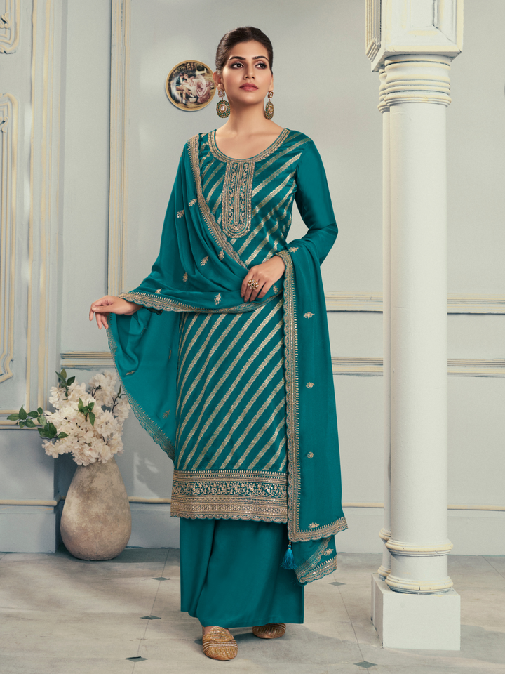 Teal Silk Jacquard Weave Unstitched Salwar Suit