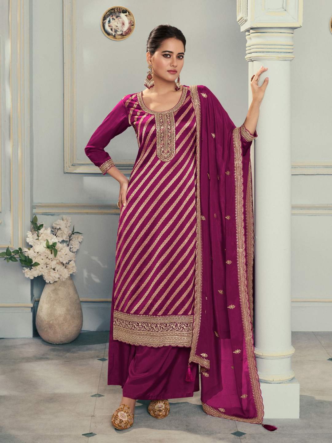 Wine Silk Jacquard Weave Unstitched Salwar Suit