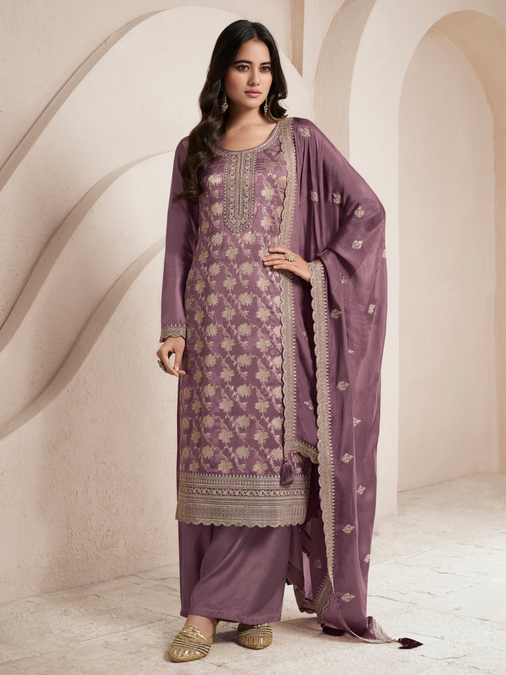 Voilet Silk Jacquard Weave Unstitched Salwar Suit