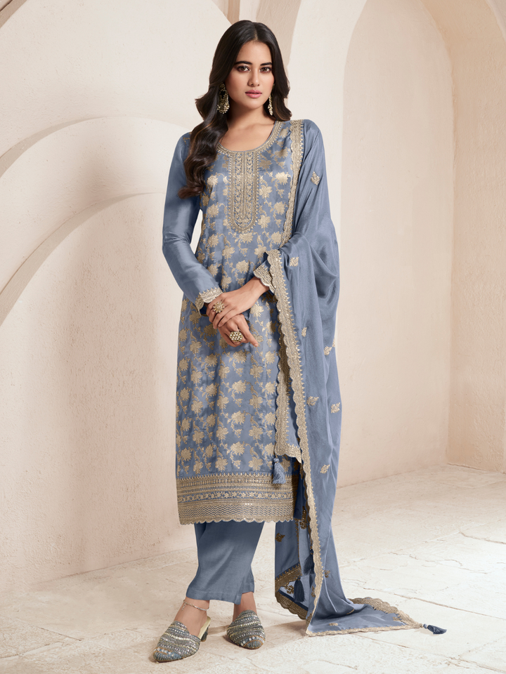 Light Blue Silk Jacquard Weave Unstitched Salwar Suit