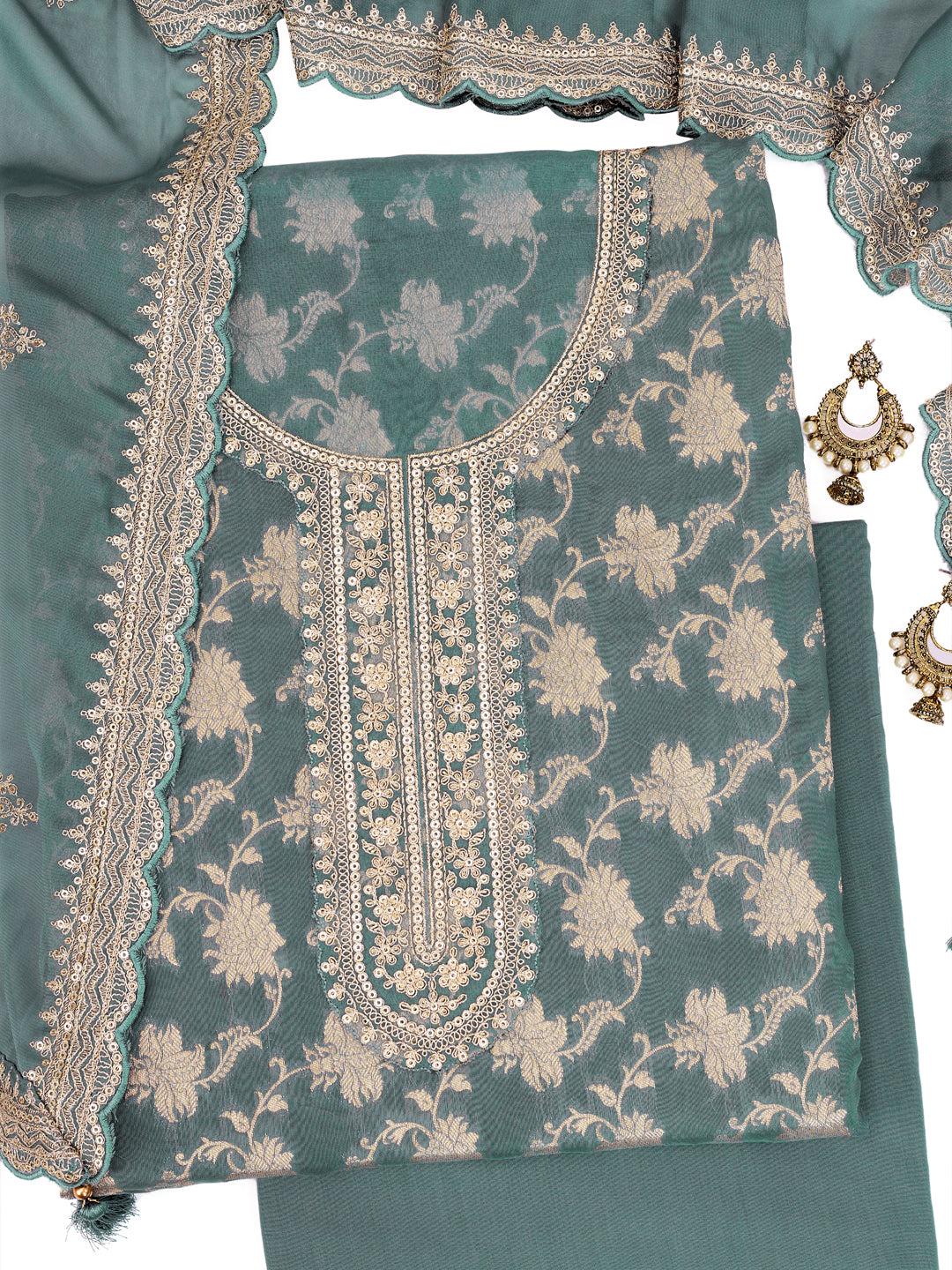 Green Blue Silk Jacquard Weave Unstitched Salwar Suit