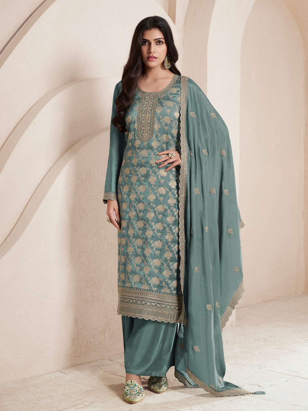 Green Blue Silk Jacquard Weave Unstitched Salwar Suit