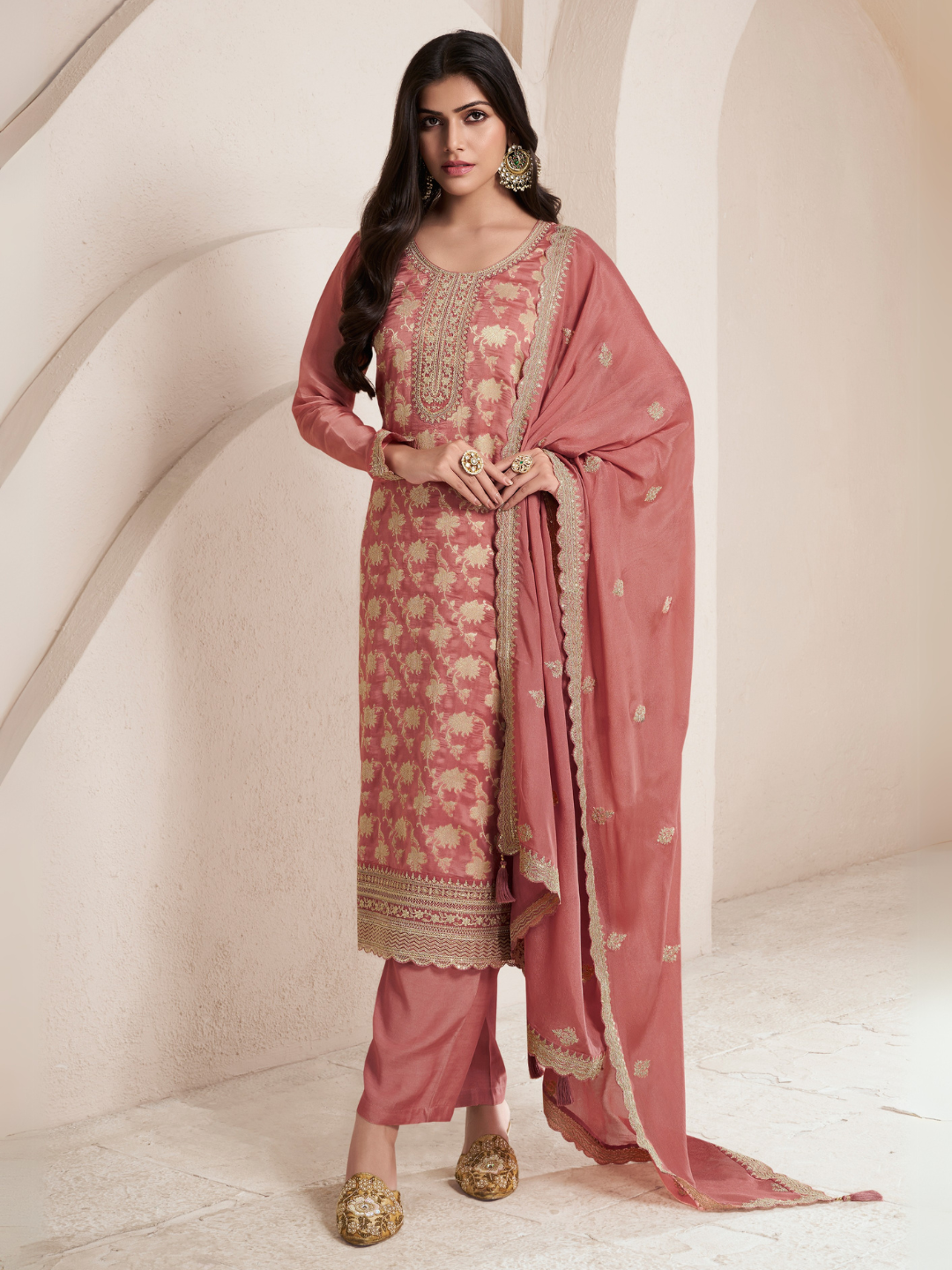 Peach Blue Silk Jacquard Weave Unstitched Salwar Suit