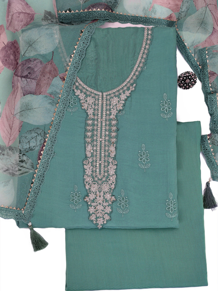 Green Organza Schiffli Embroidery Unstitched Salwar Suit