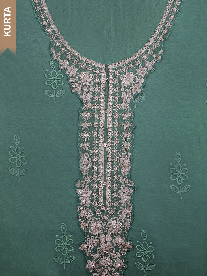 Green Organza Schiffli Embroidery Unstitched Salwar Suit