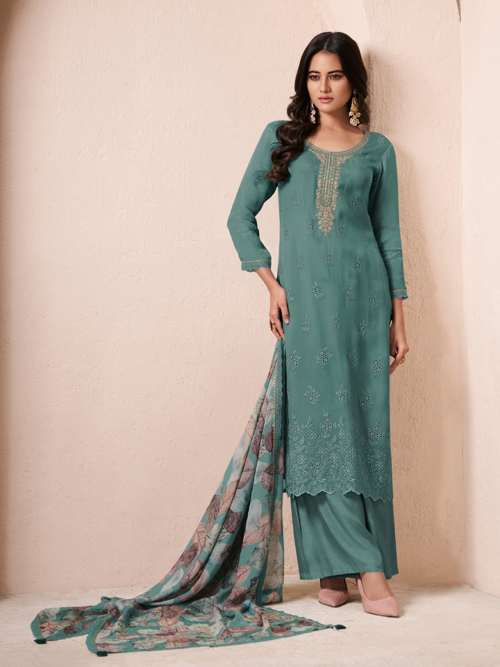 Green Organza Schiffli Embroidery Unstitched Salwar Suit