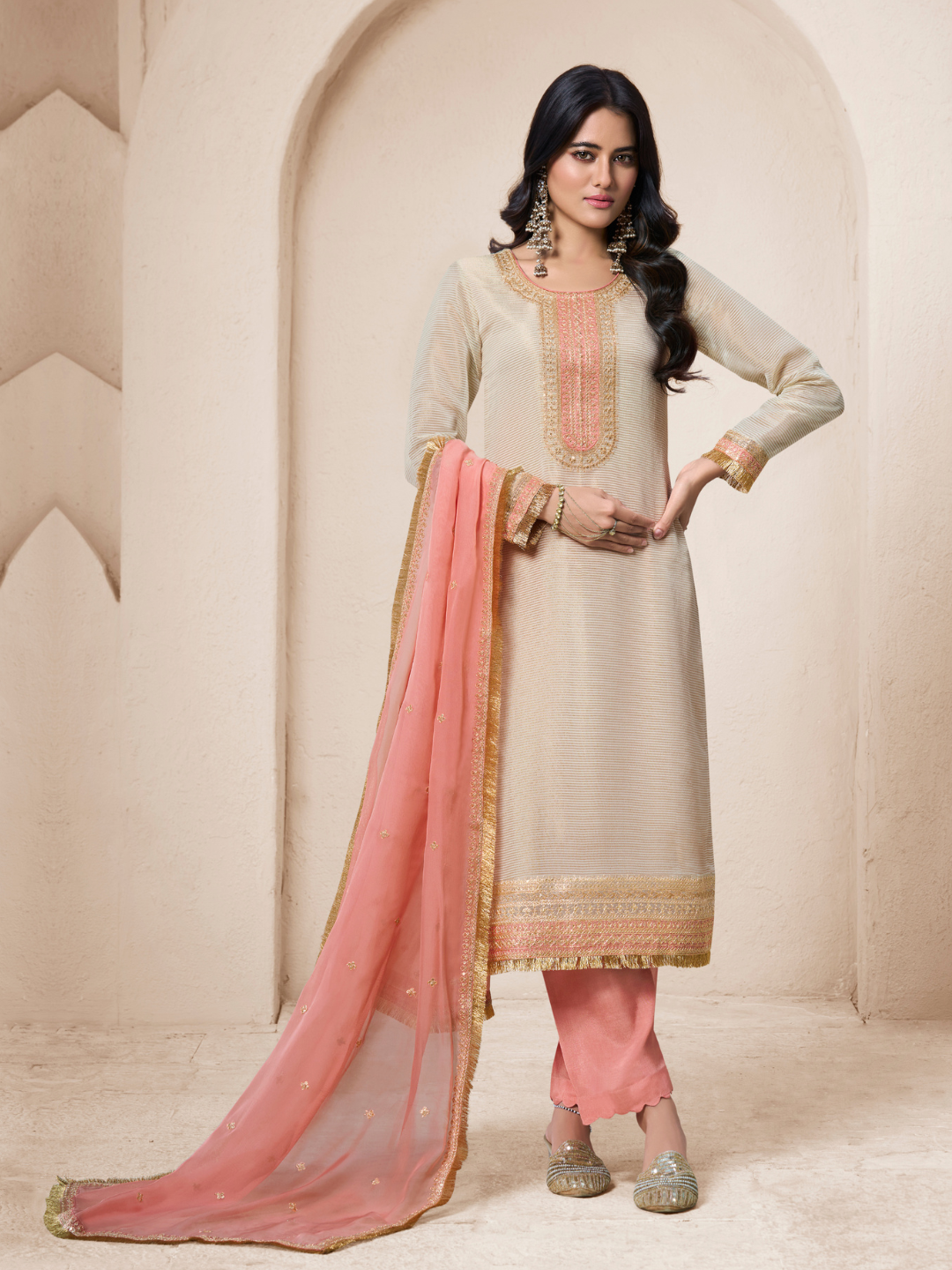 Off white Tissue peach contrast Unstitched Salwar Suit