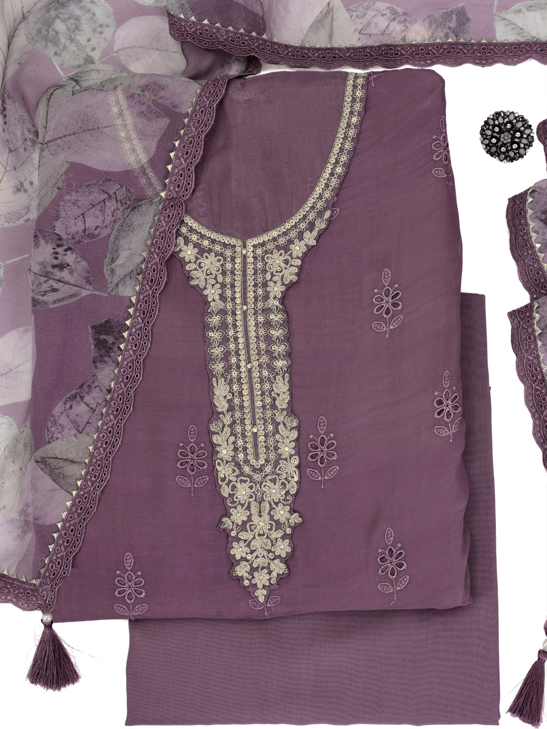 Purple Organza Schiffli Embroidery Unstitched Salwar Suit