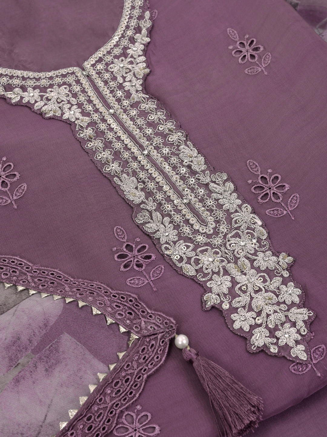 Purple Organza Schiffli Embroidery Unstitched Salwar Suit