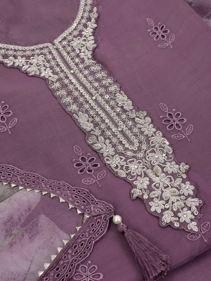 Purple Organza Schiffli Embroidery Unstitched Salwar Suit