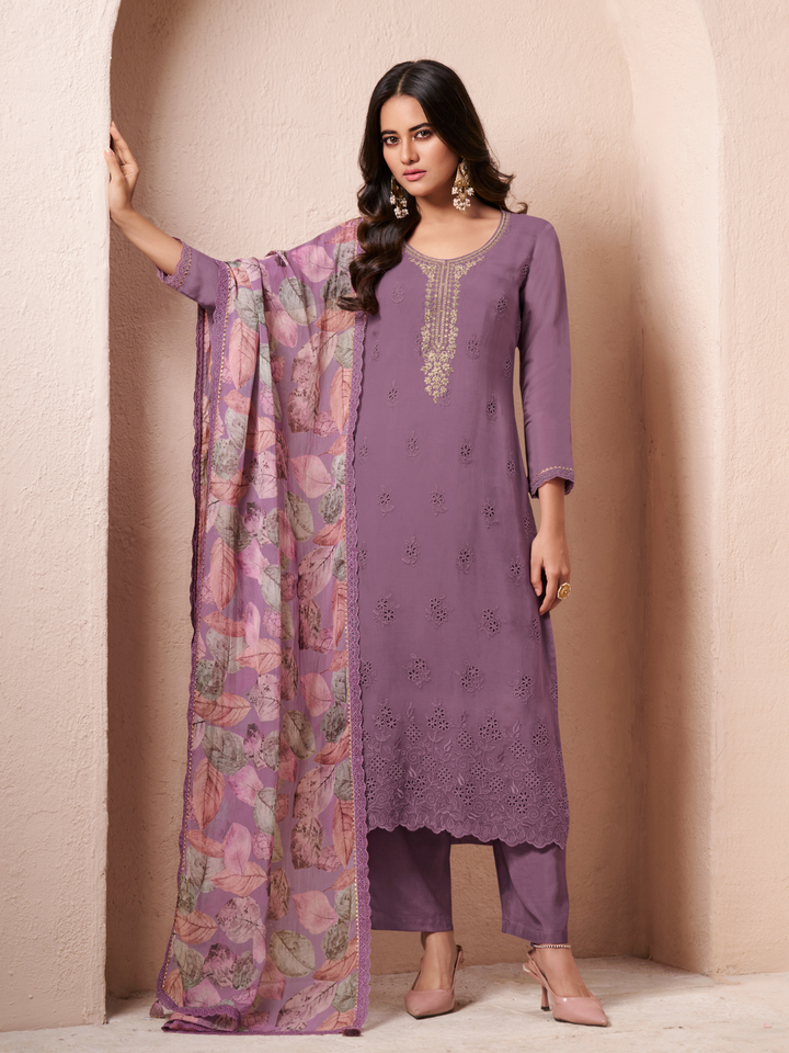 Purple Organza Schiffli Embroidery Unstitched Salwar Suit