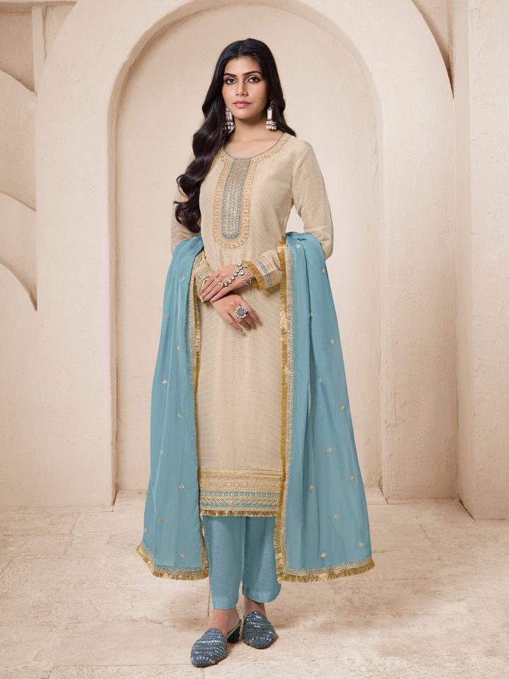 Off white Tissue Blue contrast Unstitched Salwar Suit