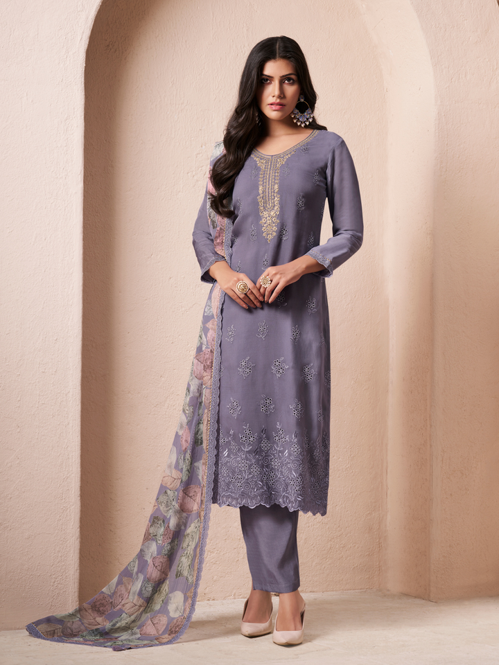 Violet Organza Schiffli Embroidery Unstitched Salwar Suit