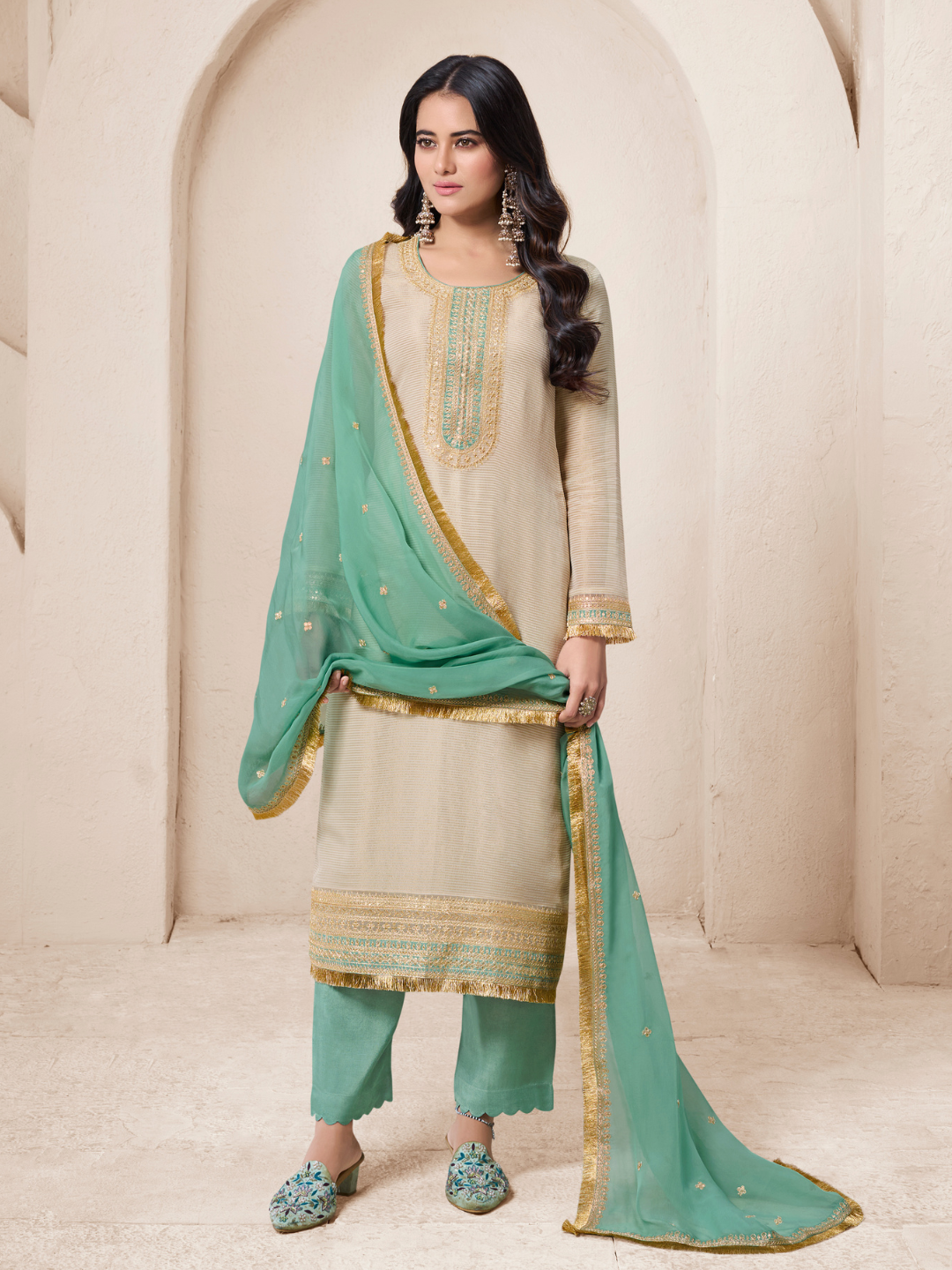 Off white Tissue Green contrast Unstitched Salwar Suit