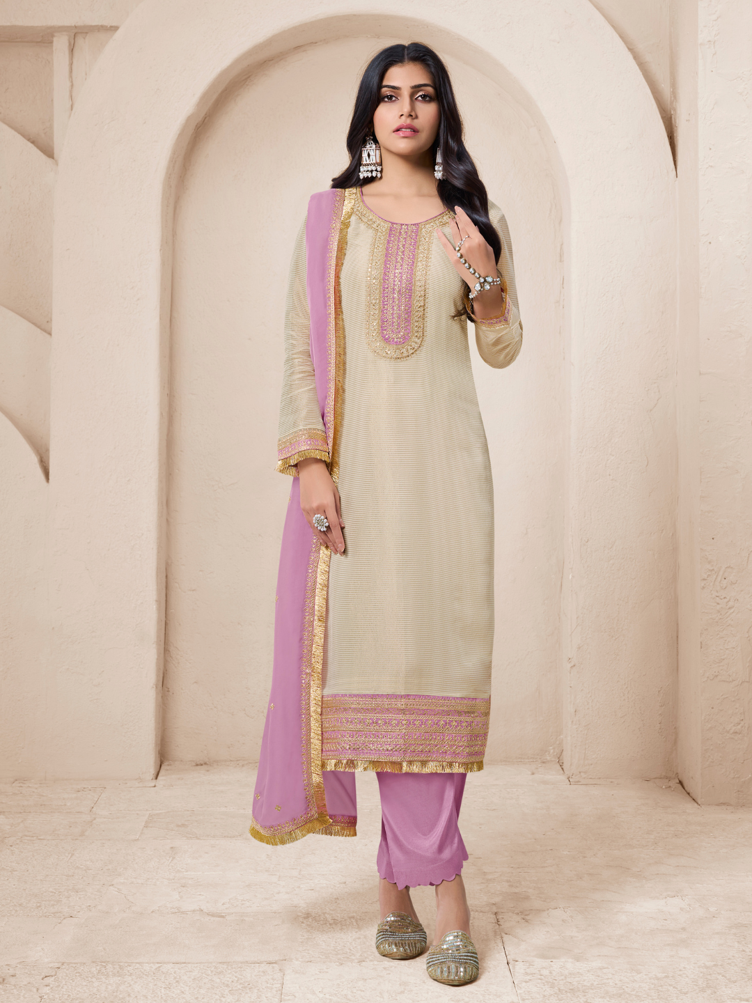 Off white Tissue Purple contrast Unstitched Salwar Suit