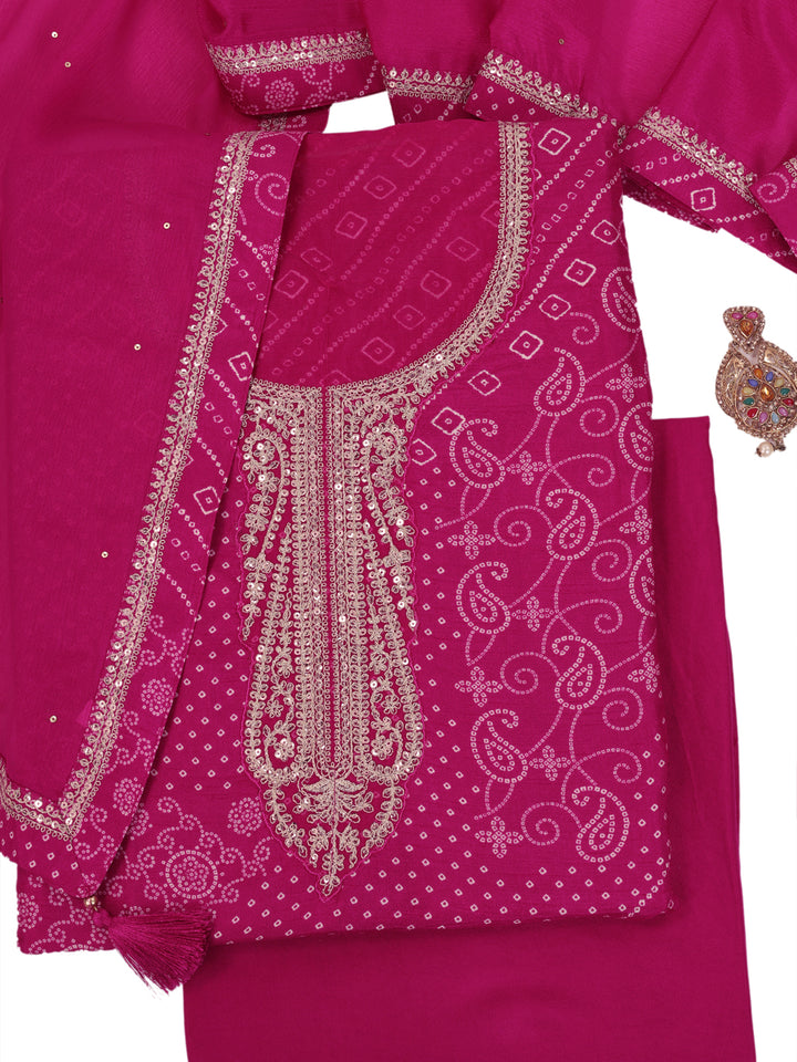 Pink Muga Silk Bandhni Kurta with Sequins Embroidery, Unstitched Salwar Suit