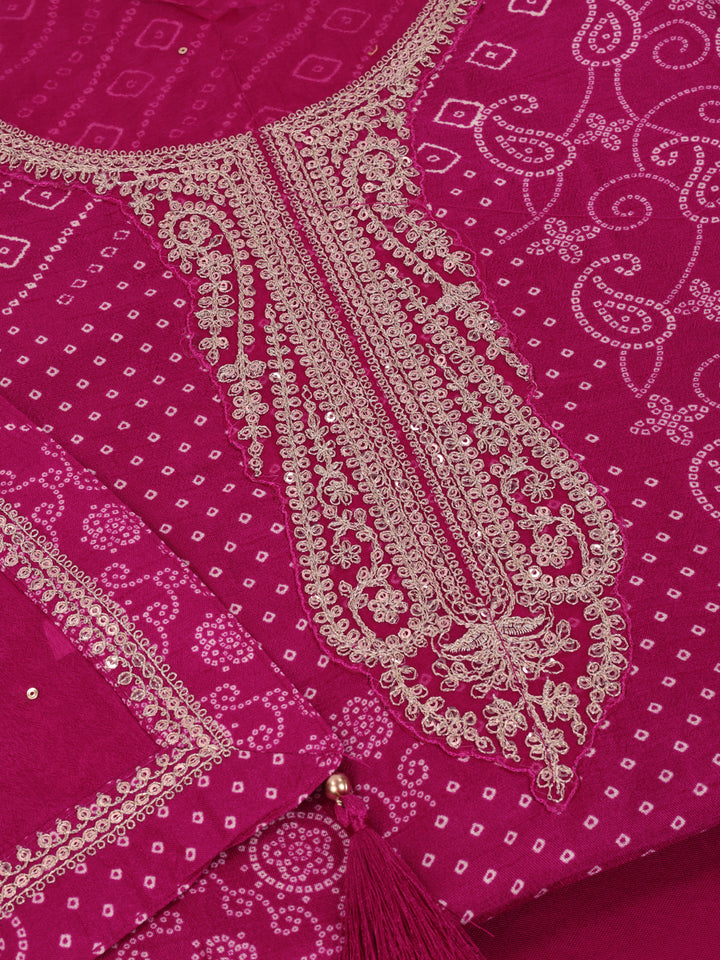 Pink Muga Silk Bandhni Kurta with Sequins Embroidery, Unstitched Salwar Suit