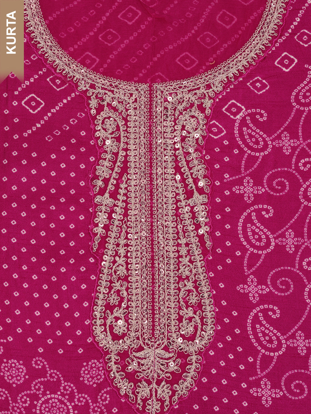 Pink Muga Silk Bandhni Kurta with Sequins Embroidery, Unstitched Salwar Suit