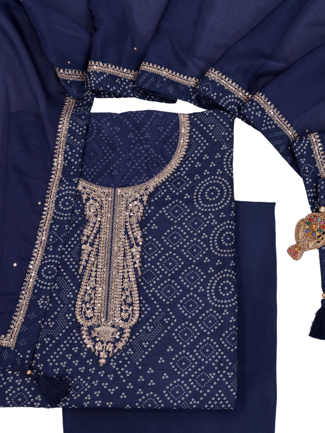 Blue Muga Silk Bandhni Kurta with Sequins Embroidery, Unstitched Salwar Suit