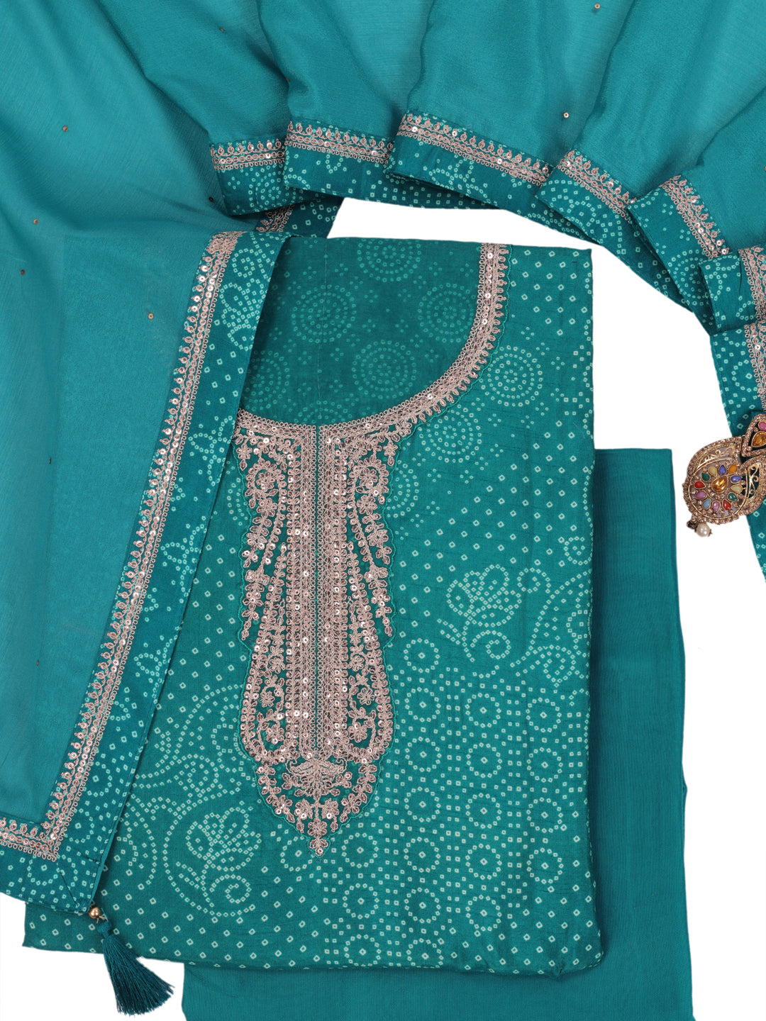 Green Muga Silk Bandhni Kurta with Sequins Embroidery, Unstitched Salwar Suit