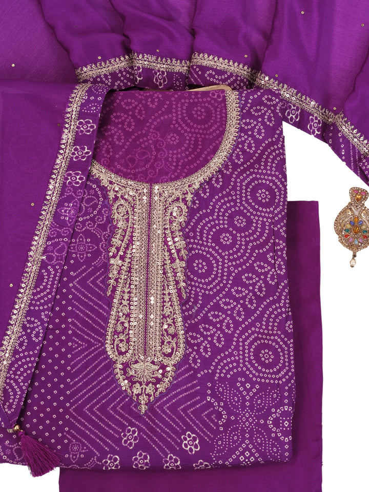 Purple Muga Silk Bandhni Kurta with Sequins Embroidery, Unstitched Salwar Suit