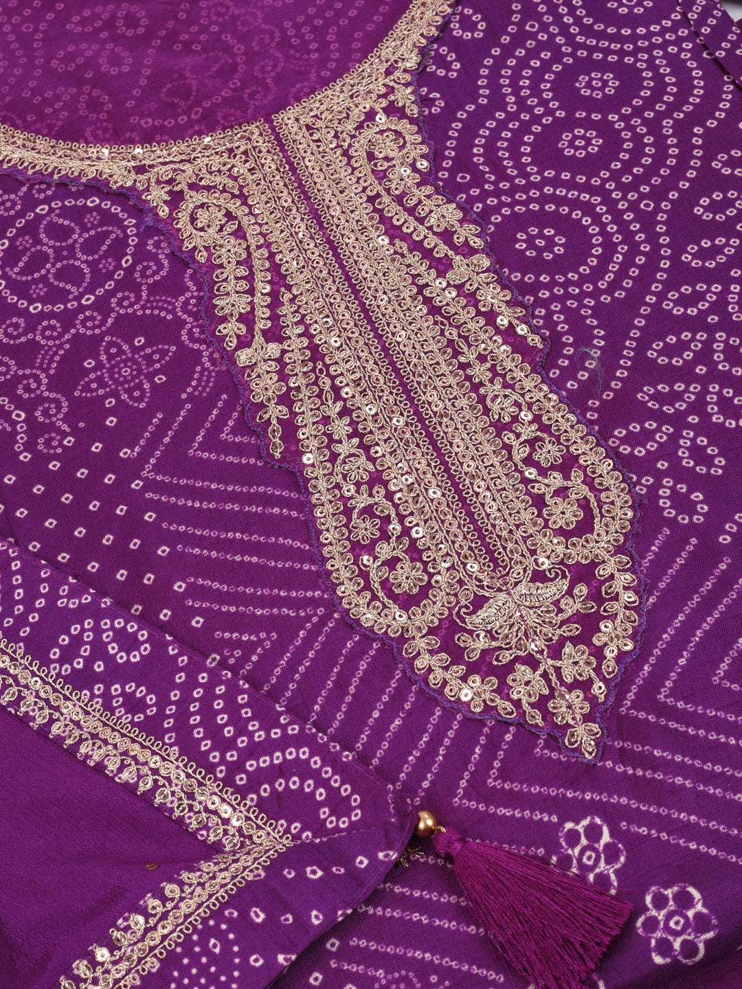 Purple Muga Silk Bandhni Kurta with Sequins Embroidery, Unstitched Salwar Suit