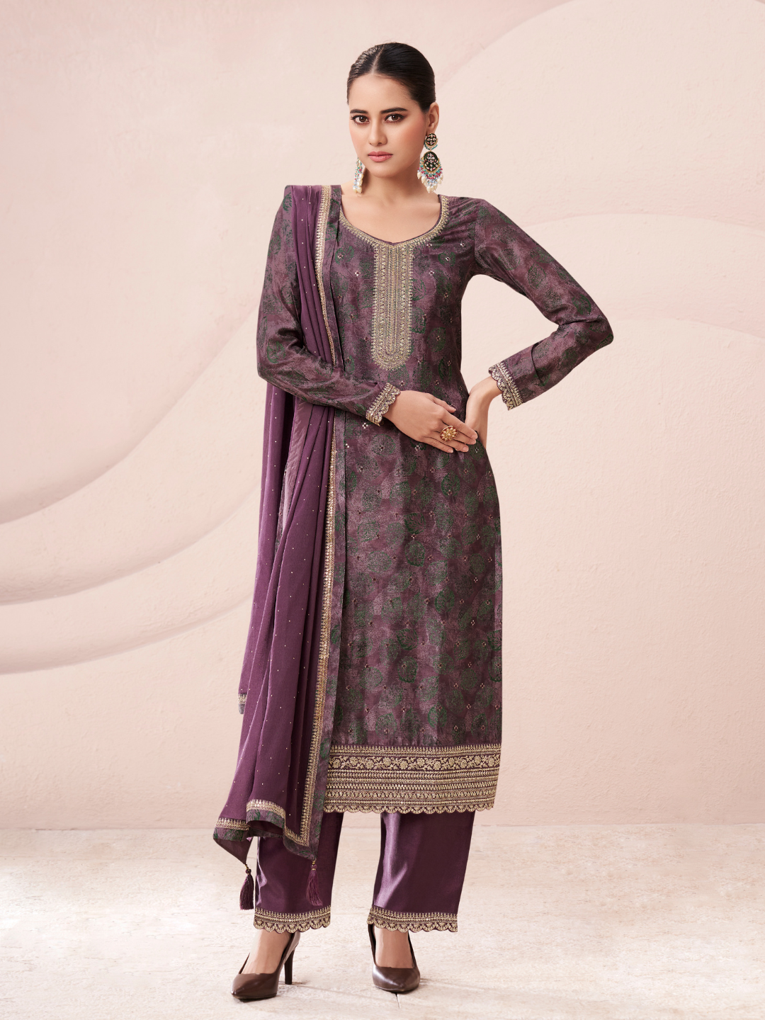 Violet Chinon Digital Printed Unstitched Salwar Suit