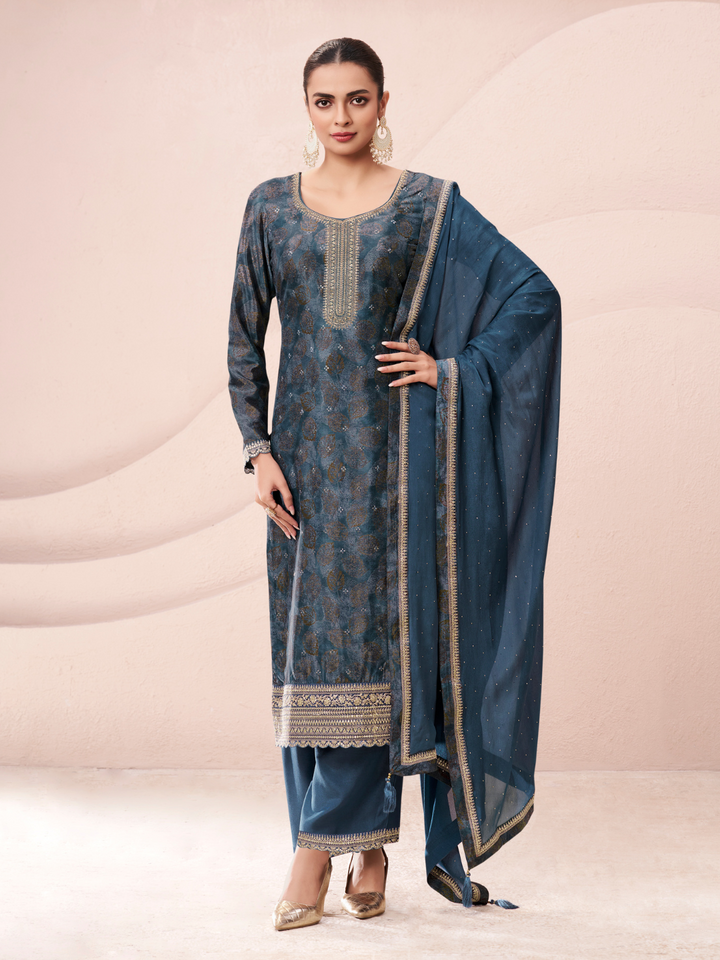 Blue Chinon Digital Printed Unstitched Salwar Suit