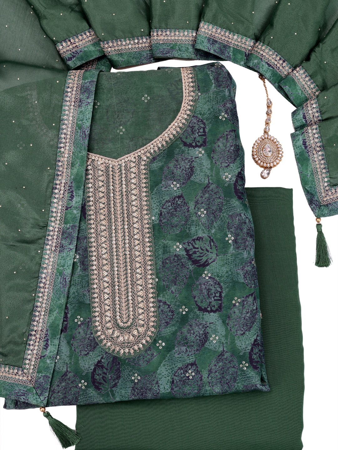 Green Chinon Digital Printed Unstitched Salwar Suit