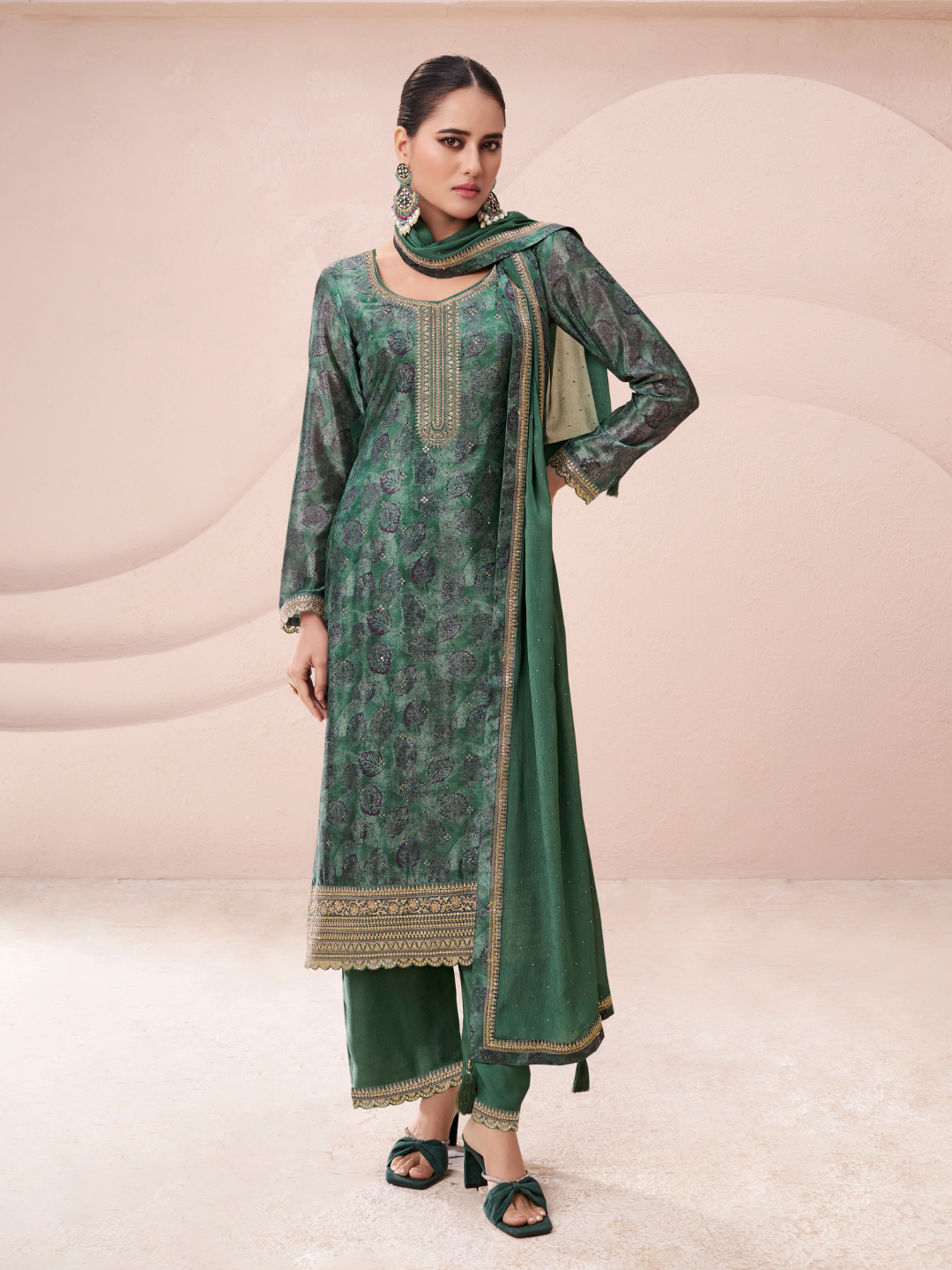 Green Chinon Digital Printed Unstitched Salwar Suit