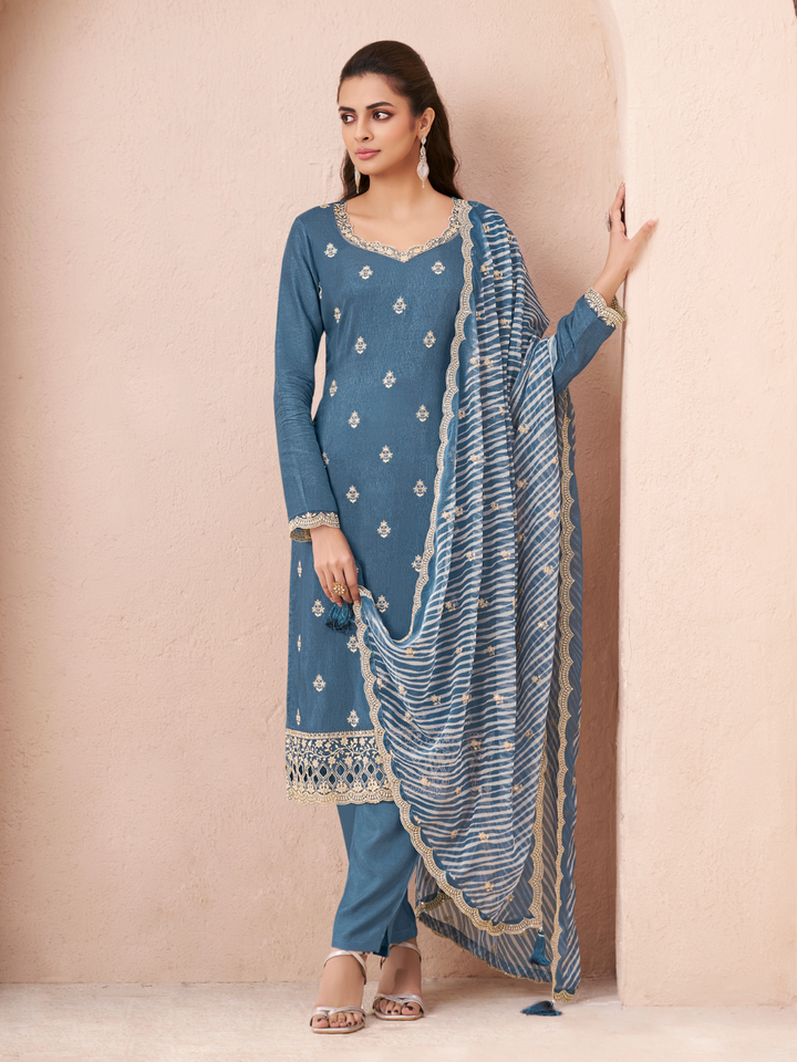 Blue Silk with Digital Print Dupatta Unstitched Salwar Suit